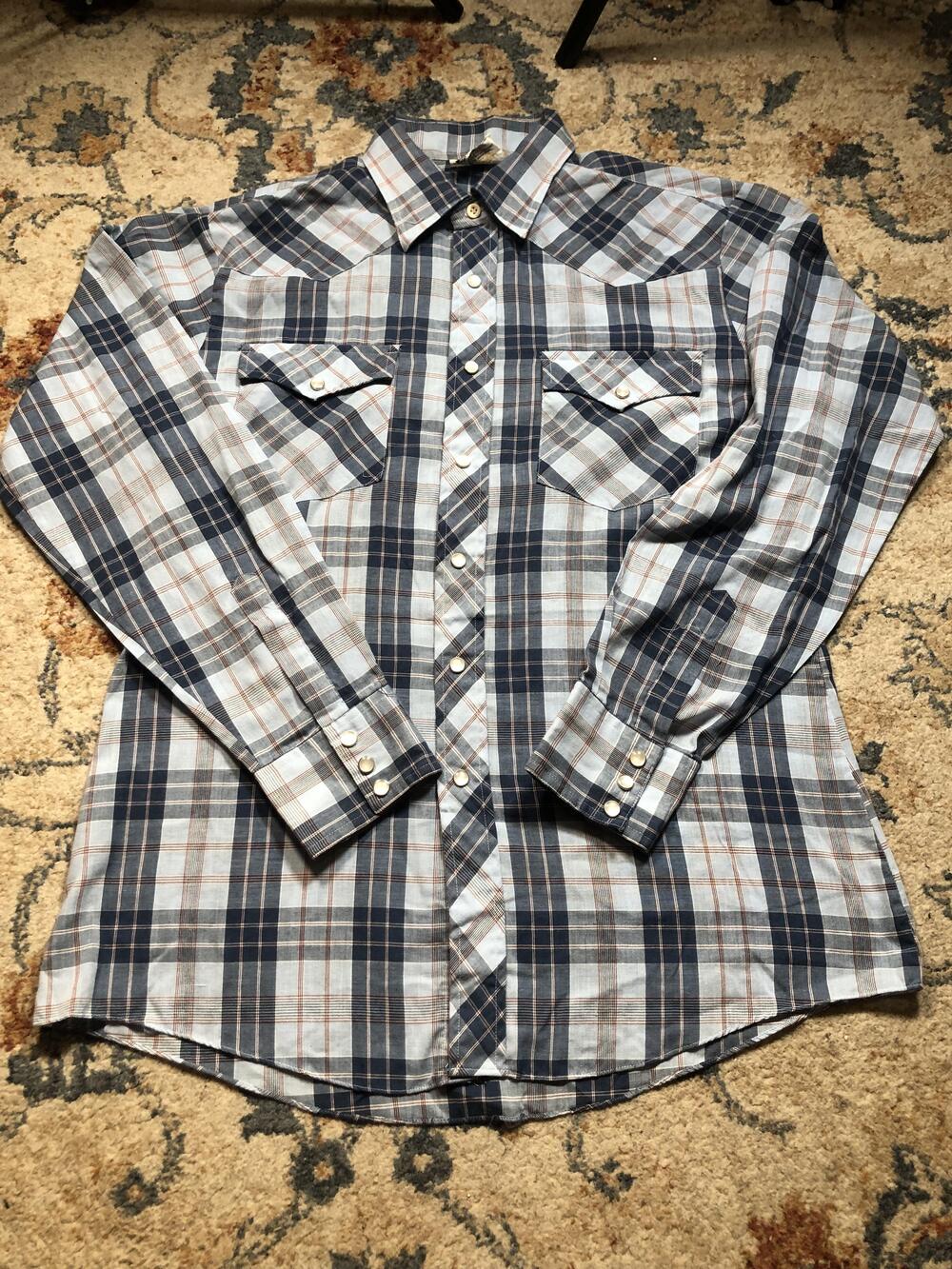 Vintage Saturdays Western Shirt Mens Large Blue Plaid Pearl Snap Long Sleeve 70s